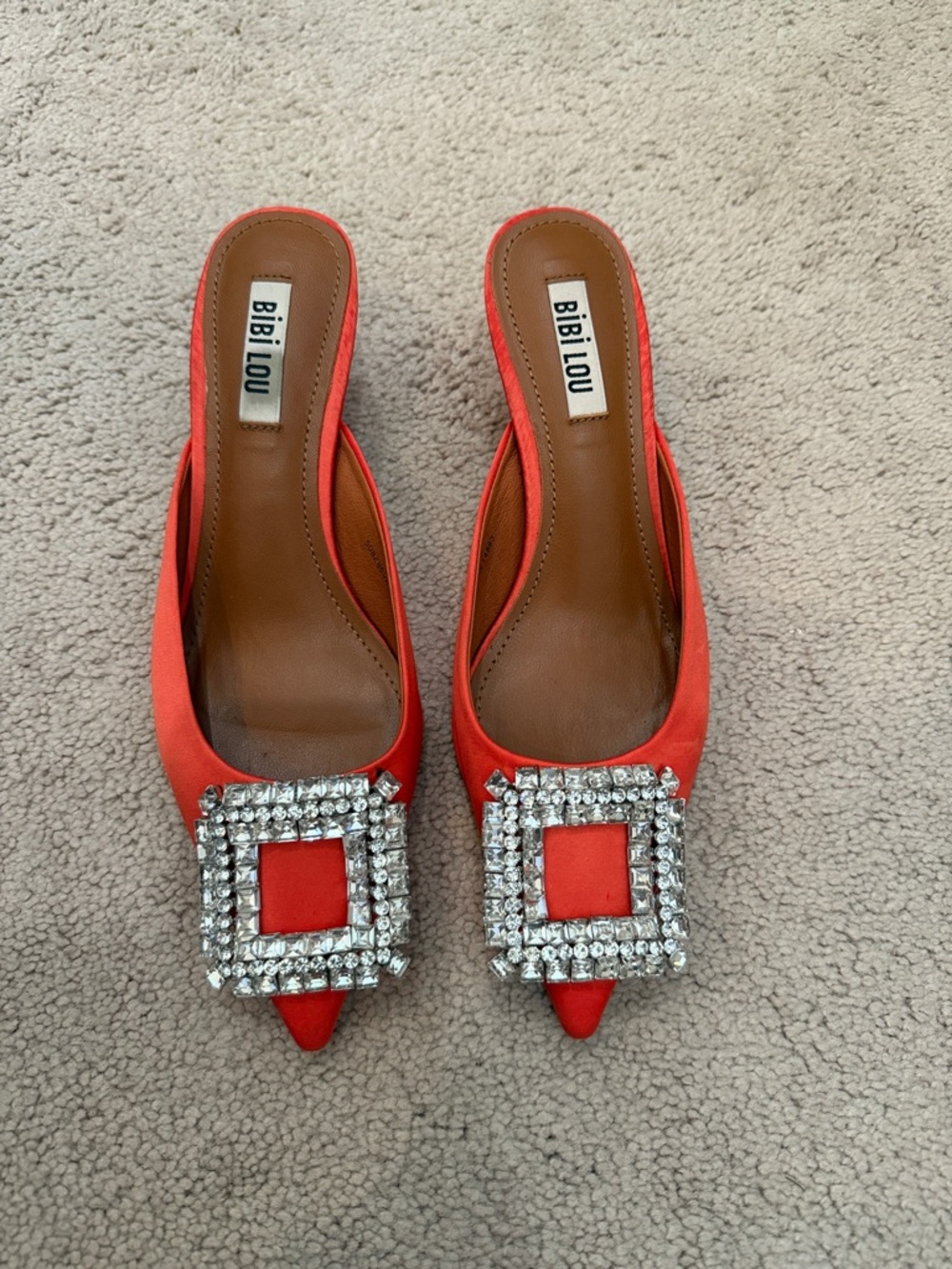 Orange satin Pointed Mule with Crystal Square Buckle